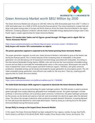 Green Ammonia Market worth $852 Million by 2030