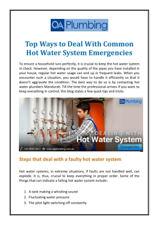 Top Ways to Deal With Common Hot Water System Emergencies
