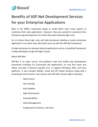 Benefits of ASP.Net Development Services for your Enterprise Applications