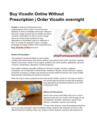 Buy Vicodin Online Without Prescription | Order Vicodin overnight