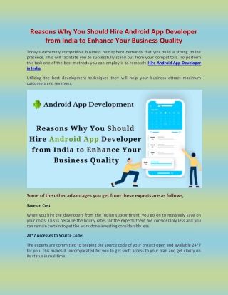 Reasons Why You Should Hire Android App Developer from India to Enhance Your Business Quality