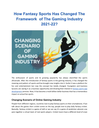 How Fantasy Sports Has Changed The Framework  of The Gaming Industry 2021-24