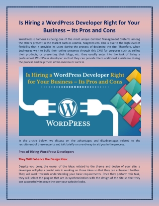 Is Hiring a WordPress Developer Right for Your Business – Its Pros and Cons