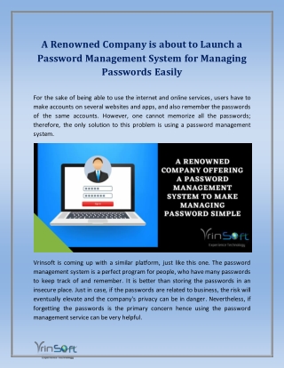 A Renowned Company is about to Launch a Password Management System for Managing Passwords Easily