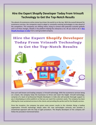 Hire the Expert Shopify Developer Today From Vrinsoft Technology to Get the Top-Notch Results