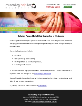 Solution-Focused Bulk Billed Counselling In Melbourne