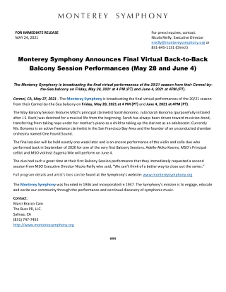 Monterey Symphony Announces Final Virtual Back-to-Back Balcony Session Performances (May 28 and June 4)