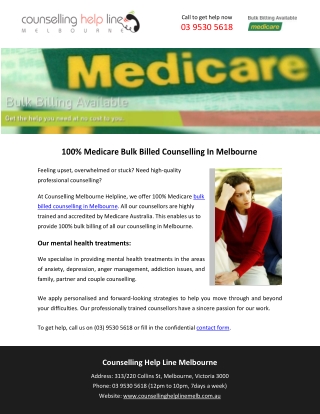 100% Medicare Bulk Billed Counselling In Melbourne