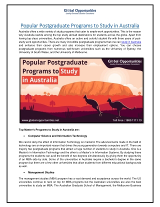 Popular Postgraduate Programs to Study in Australia