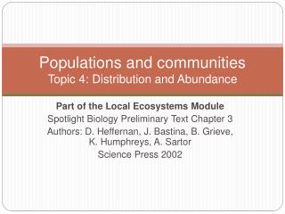 Populations and communities Topic 4: Distribution and Abundance