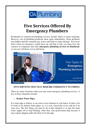 Five Services Offered By Emergency Plumbers