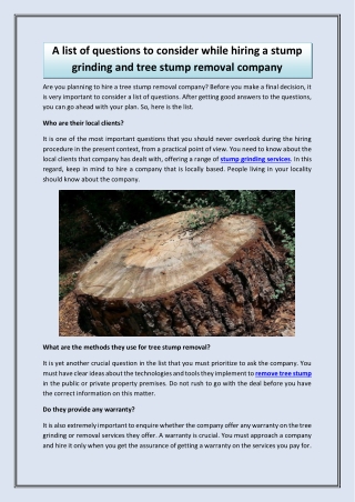 A list of questions to consider while hiring a stump grinding and tree stump rem