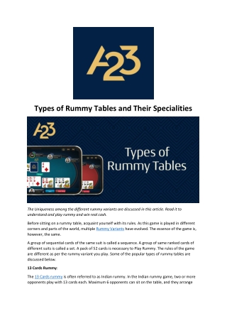 Types of Rummy Tables and Their Specialities