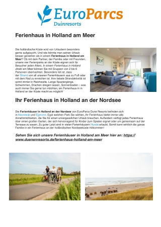 Entdecken Sie Ferienhäuser in Holland am Meer in den EuroParcs Dünenresorts!