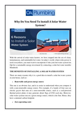 Why Do You Need To Install A Solar Water System?