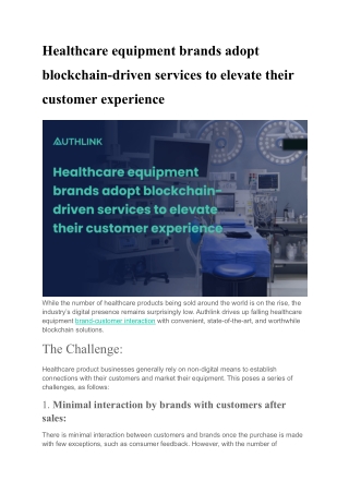 Healthcare equipment brands adopt blockchain-driven services to elevate their customer experience