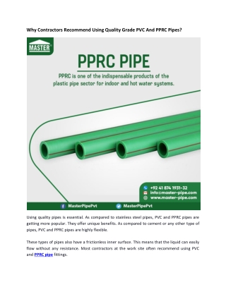 Why Contractors Recommend Using Quality Grade PVC And PPRC Pipes