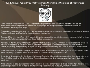32nd Annual “Just Pray NO!” to drugs Worldwide Weekend of Prayer and Fasting
