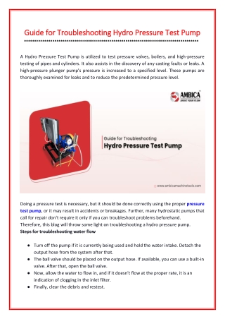 Guide for Troubleshooting Hydro Pressure Test Pump