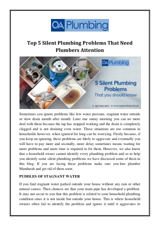 Top 5 Silent Plumbing Problems That Need Plumbers Attention