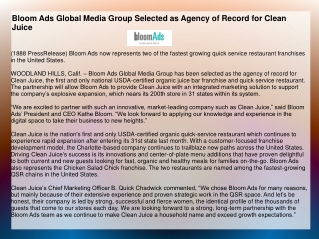 Bloom Ads Global Media Group Selected as Agency of Record for Clean Juice