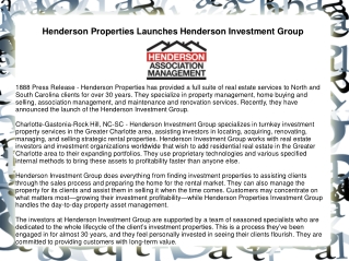 Henderson Properties Launches Henderson Investment Group