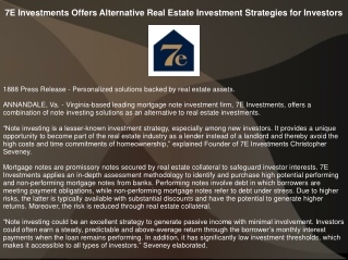 7E Investments Offers Alternative Real Estate Investment Strategies for Investor