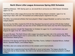 North Shore Little League Announces Spring 2022 Schedule