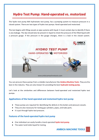 Differences Between Hand-operated and Motorized Hydro Test Pumps