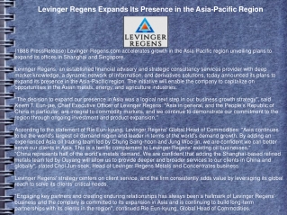 Levinger Regens Expands Its Presence in the Asia-Pacific Region