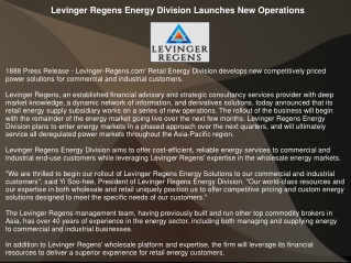 Levinger Regens Energy Division Launches New Operations