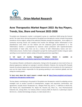 Acne Therapeutics Market Growth, Analysis, Share, Trends and Overview 2022-2028