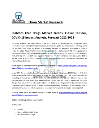 Diabetes Care Drugs Market Size, Share, Growth, Analysis Report 2028