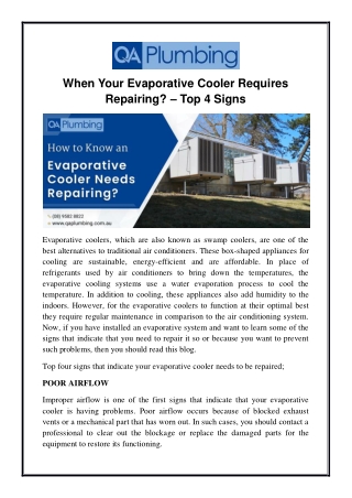 When Your Evaporative Cooler Requires Repairing? - Top 4 Signs