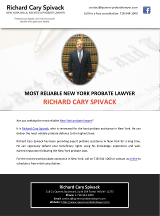 MOST RELIABLE NEW YORK PROBATE LAWYER - RICHARD CARY SPIVACK