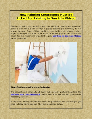 How Painting Contractors Must Be Picked For Painting In San Luis Obispo