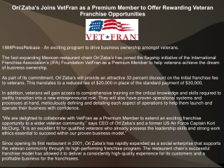 Ori’Zaba’s Joins VetFran as a Premium Member to Offer Rewarding Veteran Franchis