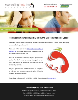 Telehealth Counselling in Melbourne via Telephone or Video