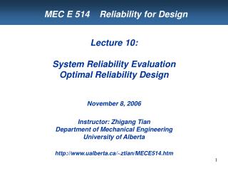 MEC E 514 Reliability for Design