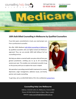 100% Bulk Billed Counselling in Melbourne by Qualified Counsellors