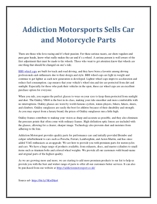 Addiction Motorsports Sells Car and Motorcycle Parts