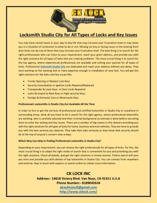 Locksmith Studio City for All Types of Locks and Key Issues