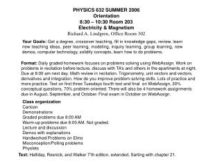 PHYSICS 632 SUMMER 2006 Orientation 8:30 – 10:30 Room 203 Electricity &amp; Magnetism Richard A. Lindgren, Office Room 3