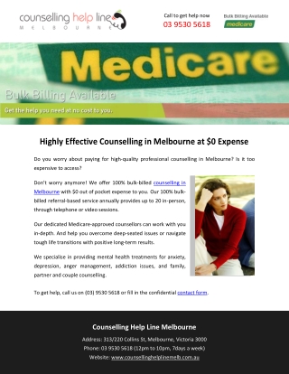 Highly Effective Counselling in Melbourne at $0 Expense