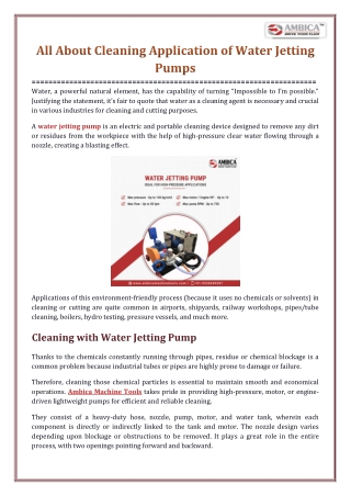 All About Cleaning Application of Water Jetting Pumps