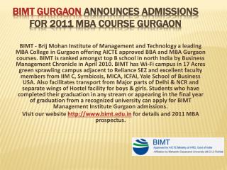 BIMT GURGAON announces admissions for 2011 MBA course