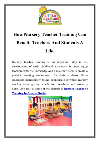 Nursery Teacher’s Training In Greater Noida Call-9870270337