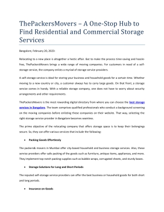 ThePackersMovers – A One-Stop Hub to Find Residential and Commercial Storage Services