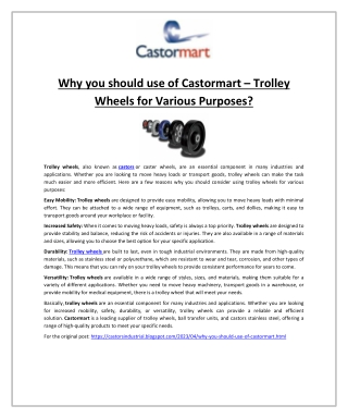 Why you should use of Castormart – Trolley Wheels for Various Purposes?