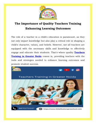 The Importance of Quality Teachers Training Enhancing Learning Outcomes